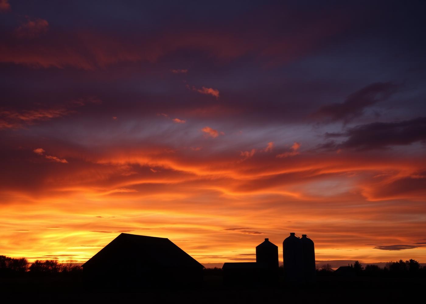 Silhouette d'une ferme au coucher du soleil